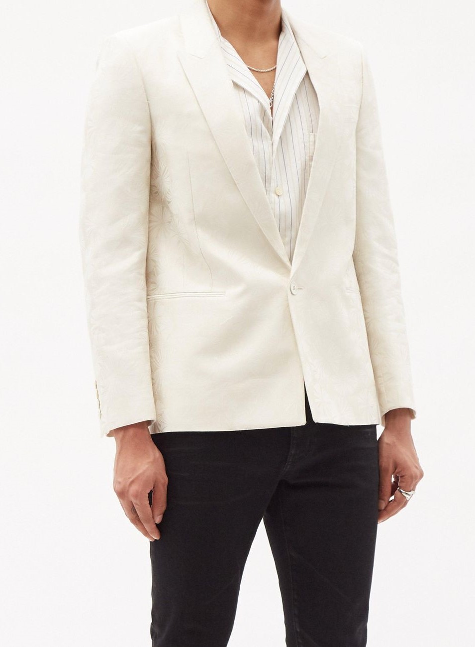 Saint-laurent-Blazer-en-laine-mélangée-jacquard-fleuri-blanc-boutonnage simple