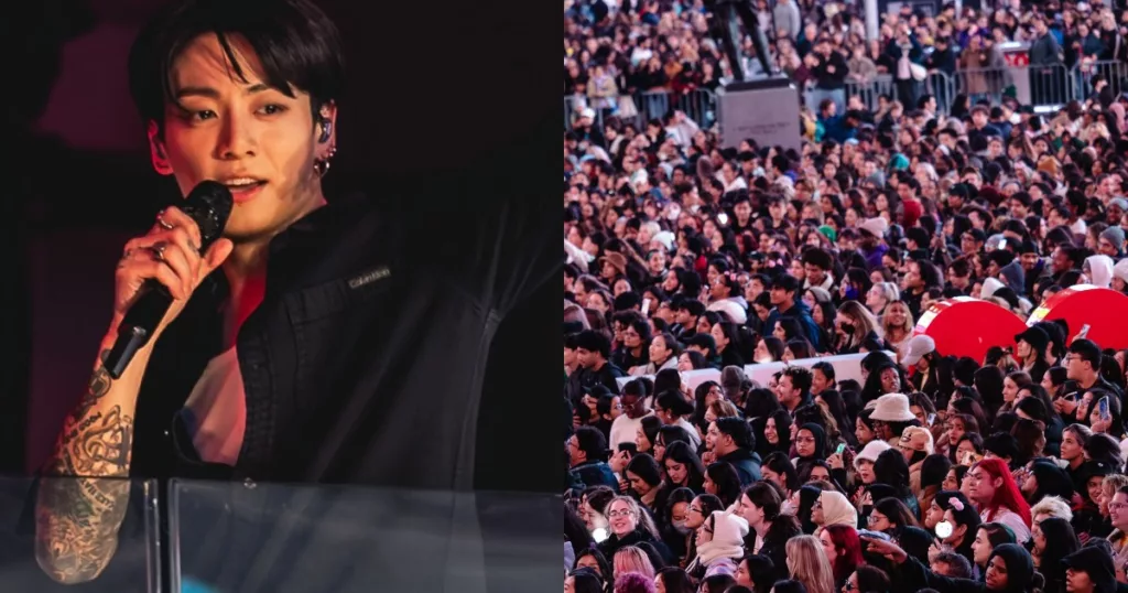 Un membre du public de la performance de BTS Jungkook à Times Square fait "trébucher" les ARMY